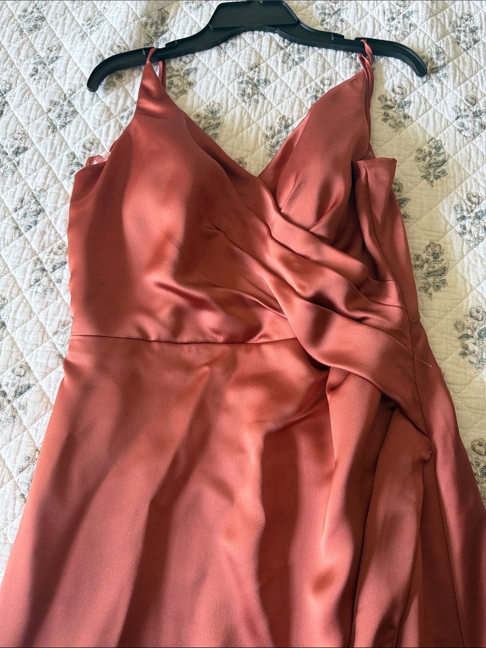 Mori Lee Satin Rust-Orange Draped V-Neck Spaghetti Strap Wedding Dress